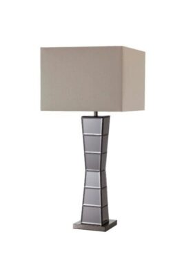 Black Glass Tower Table Lamp With Beige Fabric Shade